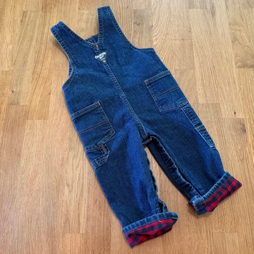 OshKosh B'Gosh 18 MONTHS Denim Vestbak Denim Overalls Plaid Cuffs